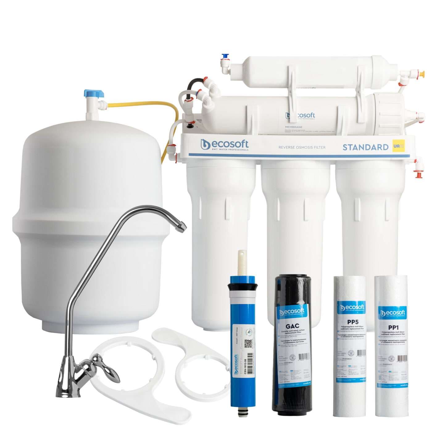 ECOSOFT R05 5-Stufen Umkehrosmoseanlage mit Drucktank, Wasserhahn und Komplett-Montage-Set für Trinkwasseraufbereitung