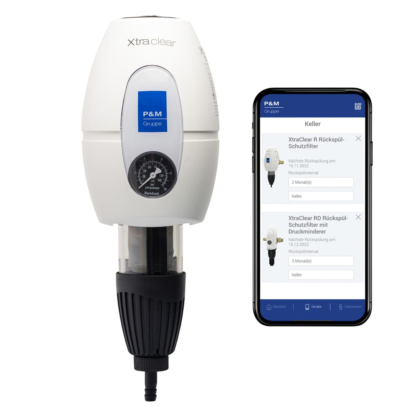 XtraClear Rückspülfilter mit Druckminderer und transparenter Filterglocke für Hauswasserinstallationen
